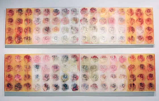 64 Roses (1-2): two long panels of orange, pink and cream roses hung one above the other on a white gallery wall.
