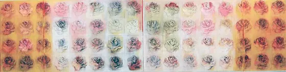 64 Roses #2: a long, narrow panel of pink, blue-grey and orange roses.