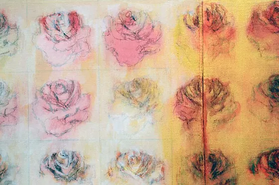 Detail of 64 Roses #2: large pink and red roses on a cream and gold ground, with a vertical seam.