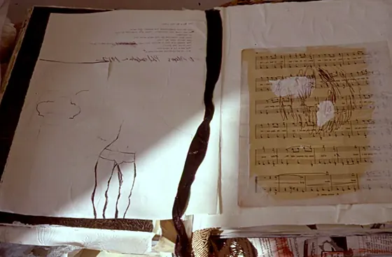 A book open to a page of old music manuscript, with a torn black line and fine drawing.