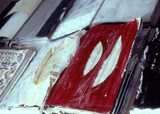 An open book with a red page and a white oval cut-out.