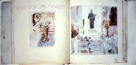 An open book with collaged pages of drawings and photographs on pale paper.