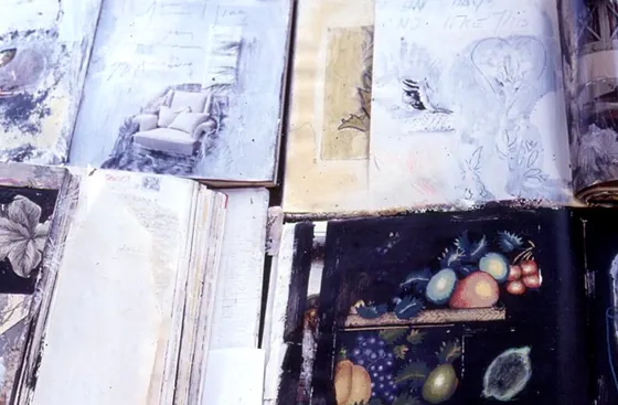 An open book with a dark page of painted fruit.