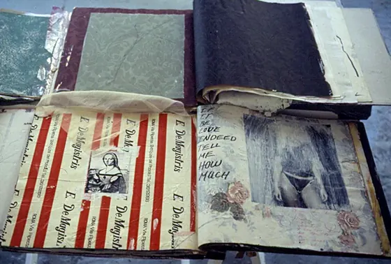 Pages with red and white stripes and a small portrait, beside a book with a photograph.