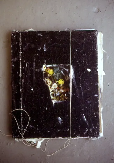 A black book cover with a small collaged yellow flower.