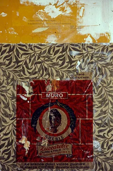 A book cover in red and brown with a label and a patterned border.