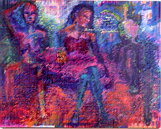Diary 1: three seated figures in purple, blue and red, painted in layered strokes.