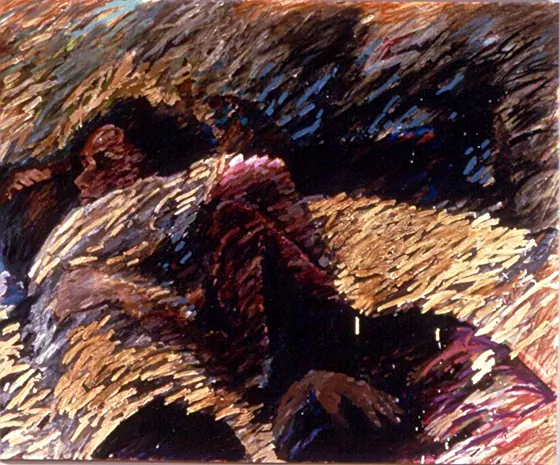 Diary 10: figures lying close together under bold diagonal strokes of cream and brown.