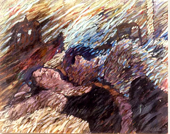 Diary 12: embracing figures in brown and violet beneath slanting strokes.