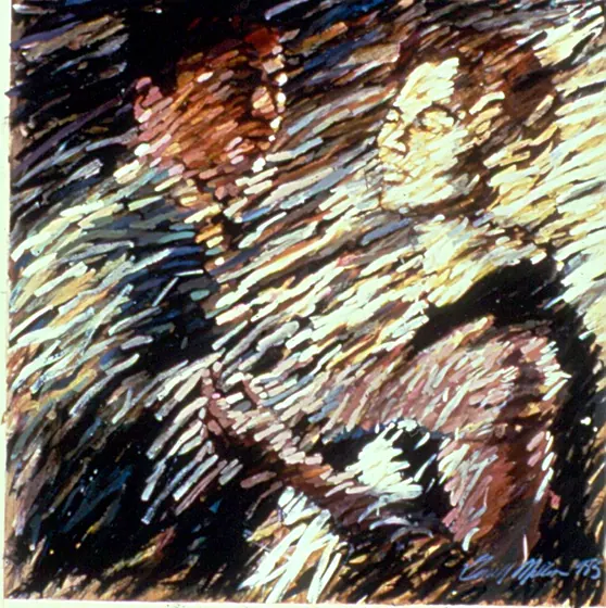 Diary 13: two figures in bold cream, black and brown diagonal strokes.