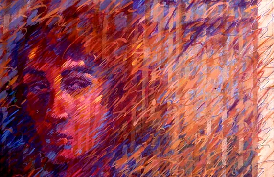 Diary 6: a close portrait of a woman's face in red, violet and blue strokes.