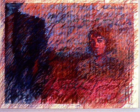 Diary 7: a portrait of a figure in dark red and blue, with washes of handwriting.