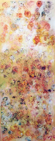 Flowers for Bonnie: a tall, narrow panel of small orange, pink and yellow flowers.