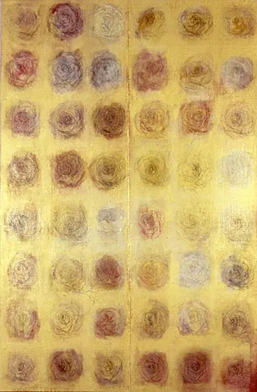 Gold Roses: a tall canvas of rose heads in even rows, soft rose-pink and brown on a gold ground.