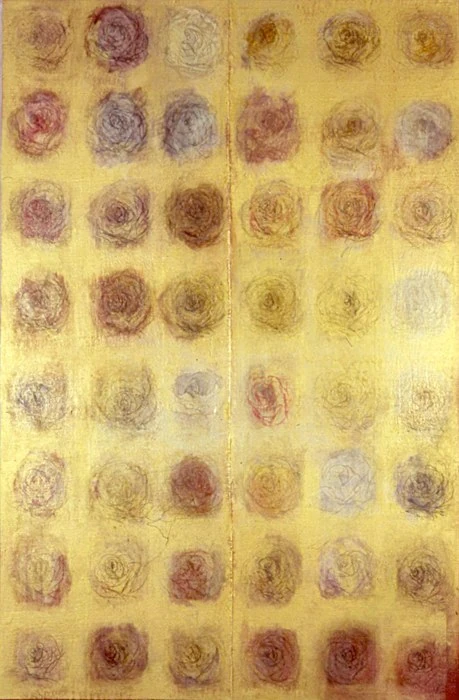 Gold Roses: a tall canvas of rose heads in even rows, soft rose-pink and brown on a gold ground.