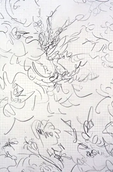 Line Detail 002: a dense knot of looping lines on pale paper.