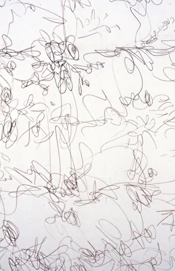 Line Detail 004: looping lines with touches of reddish pencil.