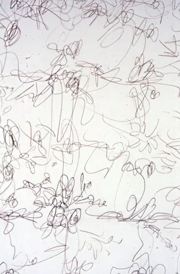Line Detail 005: tangled looping lines with touches of reddish pencil.