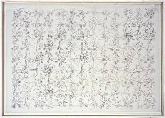 Line Drawing 006: a framed drawing of flower-like clusters of fine lines in a loose grid.
