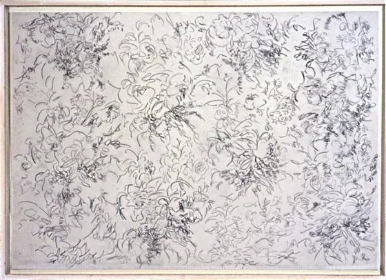 Line Drawing 008: a framed drawing of dense, looping lines in grey with darker clusters.
