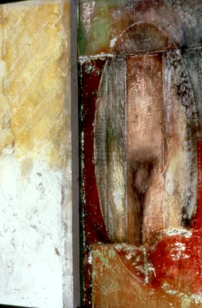 Nothing Sacred Nothing 2: a two-part panel on black, one part pale yellow and white, the other deep red with a pale central form.