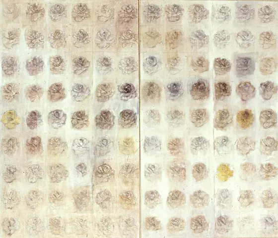Roses Repeated #3: two joined panels of soft brown and cream roses in even rows.