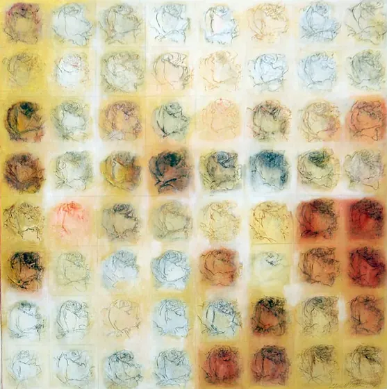 Roses Square #1: an eight-by-eight grid of roses in ochre, white and rust red, outlined in charcoal.