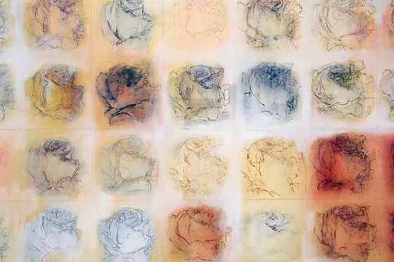 Detail of Roses Square #1: roses in blue-grey, ochre and red with charcoal line.