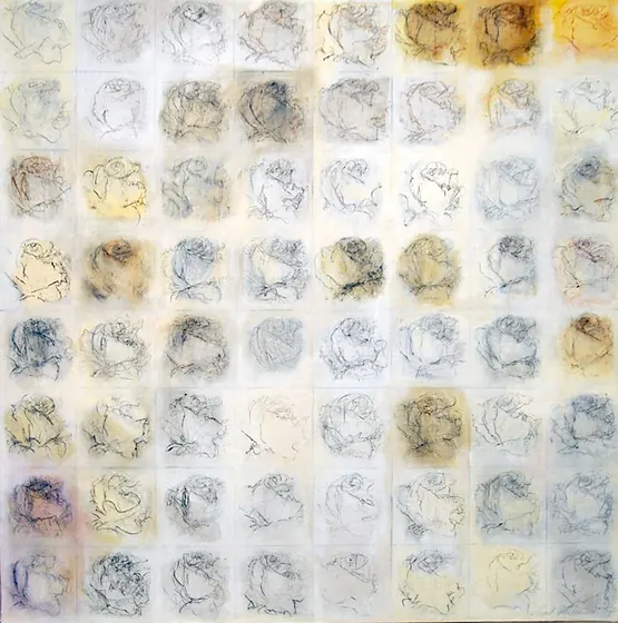 Roses Square #2: a grid of roses in pale grey, white and gold, drawn in charcoal.