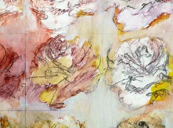 Detail of Roses Square #3: loose white, red and yellow roses with charcoal drawing showing through.
