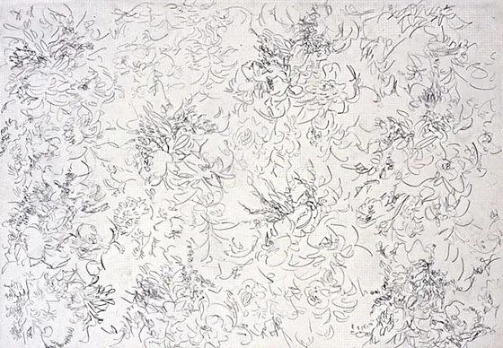 White Drawing #2: a dense all-over drawing of flowers in fine dark line on white paper.